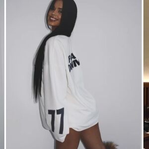 PA DNM V Neck White Logo Long Sleeve Oversized White Shirt Size S